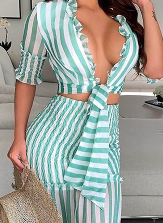 Women's Skirts Sets Striped Color Block Half Sleeve Cropped V Neck Flare Maxi 2-piece Skirts Set