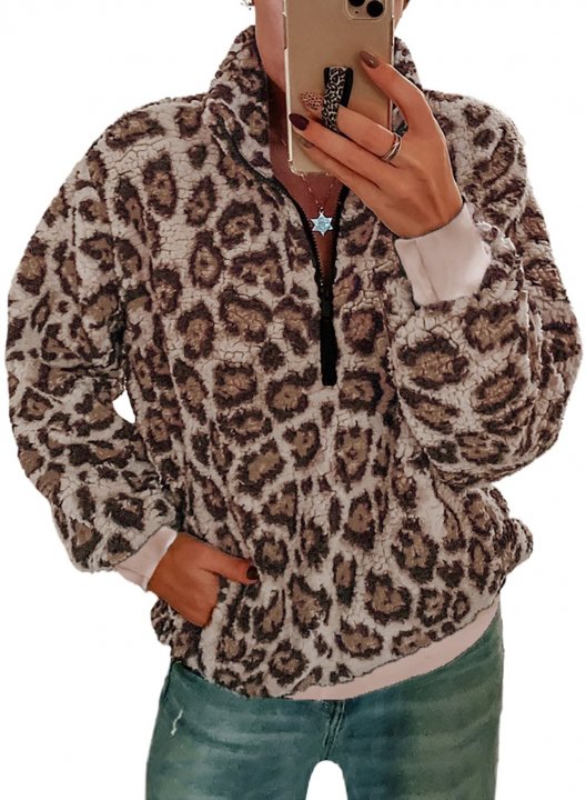 Leopard Long Sleeve High Neck Zip Sweatshirt