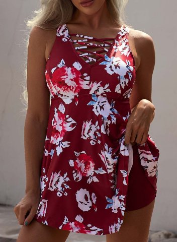 Women's Tankinis Mid Waist Floral V Neck Twisted Padded Casual Tankini Set