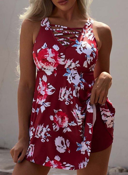 Women's Tankinis Mid Waist Floral V Neck Twisted Padded Casual Tankini Set