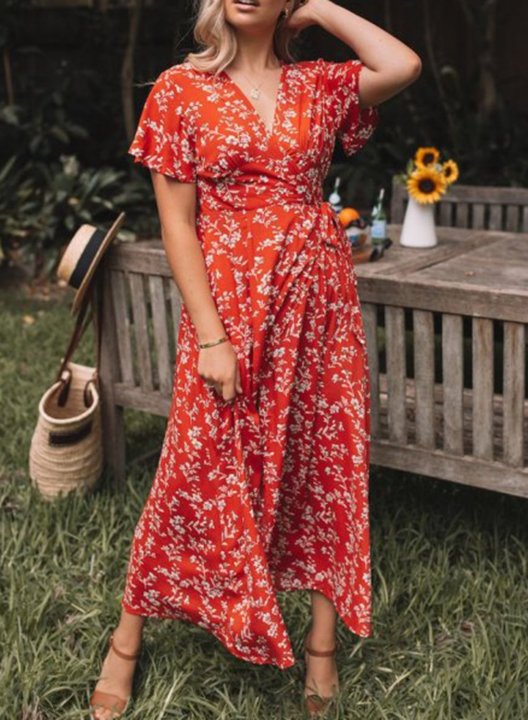 Women's Maxi Dresses Knot A-line Floral Short Sleeve V Neck Daily Casual Maxi Dress