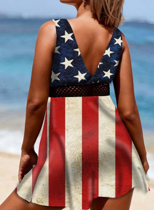 Women's Tankinis Mid Waist Mesh Striped American Flag V Neck Padded Vintage Tankini Set