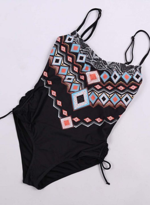 Women's One Piece Swimwear Tribal Geometric Spaghetti Drawstring One-Piece Swimsuits One-Piece Bathing Suits