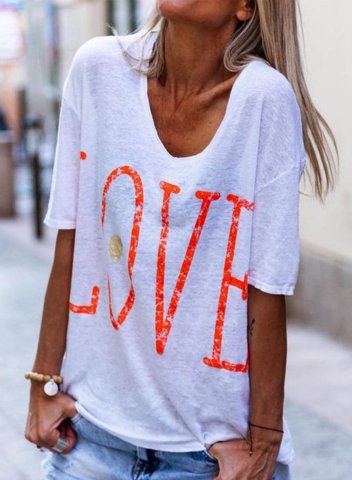 Women's T-shirts Letter Love Print Solid V Neck Short Sleeve Daily Casual T-shirts