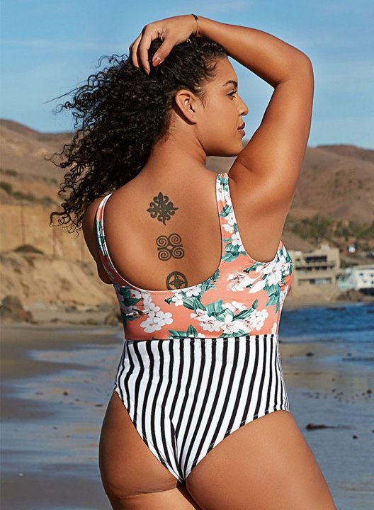 Women's One Piece Swimwear Floral Striped Knot Front Plus Size One-Piece Swimsuits One-Piece Bathing Suits