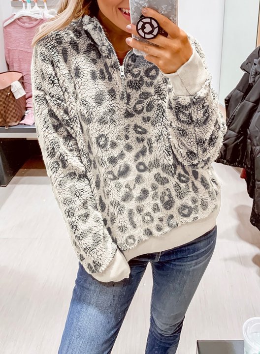 Leopard Long Sleeve High Neck Zip Sweatshirt