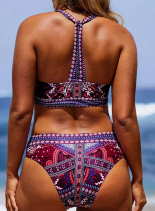 Women's Bikinis Color Block Tribal Sleeveless Unadjustable Halter Padded Wire-free Vacation Bikini