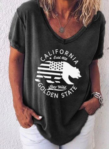 Women's T-shirts California Golden Stat Bear Print Solid V Neck Short Sleeve Daily Casual T-shirts