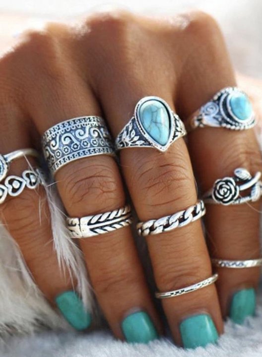 Women's Rings Retro Totem Flower Turquoise 10 Piece Joint Alloy Ring Set