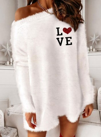 Women's Love Plaid Heart Print Sweaters Off Shoulder Solid White Casual Winter Sweaters