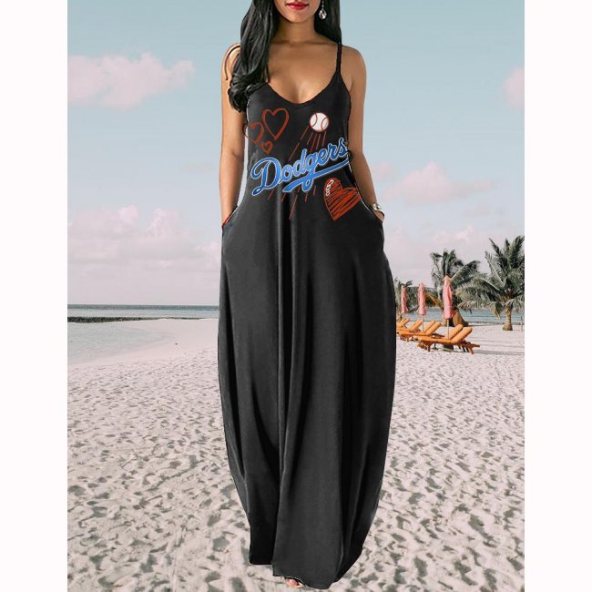 Women's Los Angeles Dodgers Baseball Team Print Sling Pocket Sleeveless Loose Holiday Style Long Dress