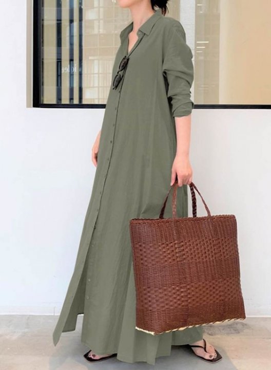 Women's Maxi Dresses Solid Long Sleeve Turn Down Collar Casual Maxi Dress