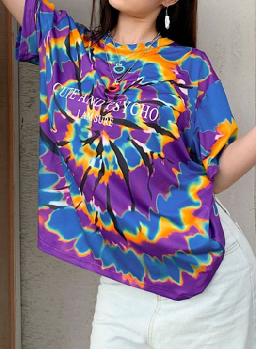 Women's Tie Dye T-shirts Letter Multicolor Print Short Sleeve Round Neck Daily T-shirt