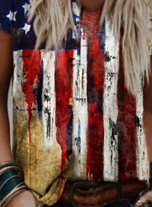 Women's American Flag T-shirts Short Sleeve V Neck Casual Daily T-shirts