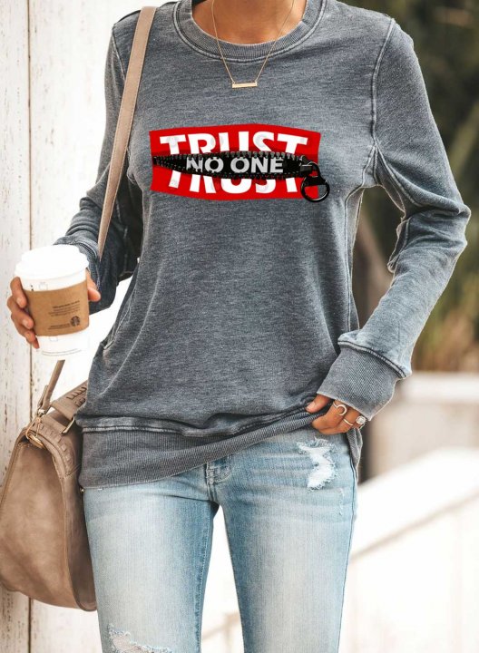 Solid Round Neck Long Sleeve Letter Sweatshirt