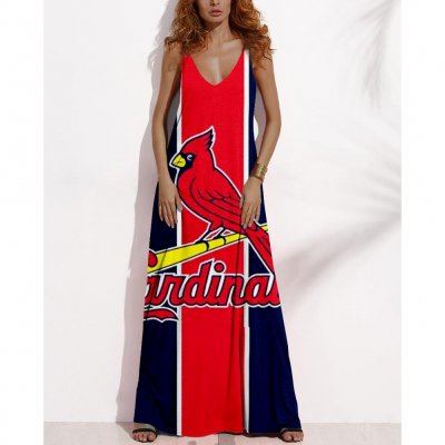 Women's Summer ST. LOUIS CARDINALS Fan Print V-neck Sleeveless Loose Long A-line Dress