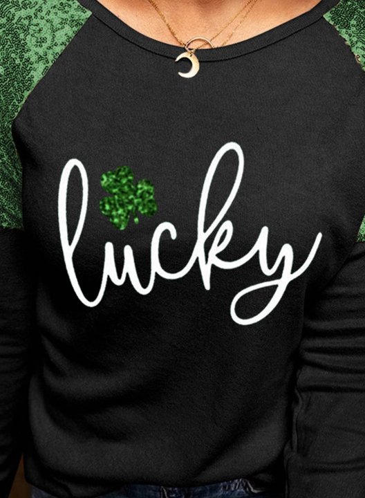 Women's St Patrick's Day Lucky Shamrock T-shirts Color-block Print Long Sleeve Round Neck Daily T-shirt