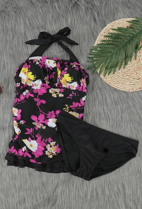 Women's Tankini Sets Cute Floral Ruffle Halter Tankini Set