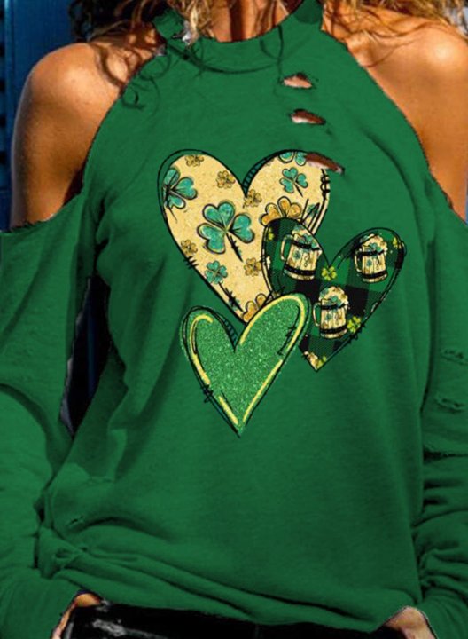 Women's St Patrick's Day T-shirts Heart-shaped Shamrock Print Long Sleeve Round Neck Cold Shoulder Daily T-shirt