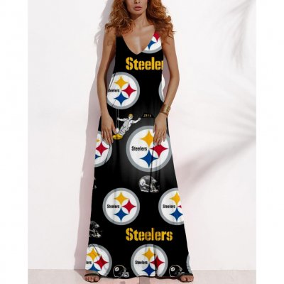 Women's Summer PITTSBURGH STEELERS Fan Print V-neck Sleeveless Loose Long A-line Dress