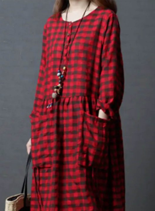 Women's Dress Casual Plaid Color Block Round Neck Long Sleeve Pocket Midi Dress