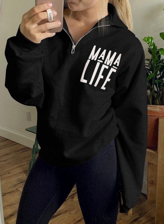 Solid Long Sleeve Letter V Neck Zip Front Sweatshirt