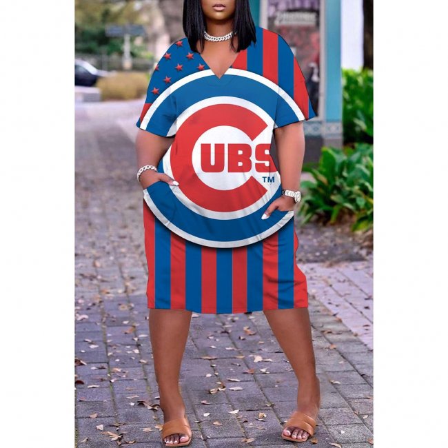 Women's Chicago Cubs Printed V-neck Casual Pocket Dress