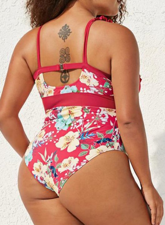 Women's Plus One-Piece Swimsuits One-Piece Bathing Suits Floral Ruffle Belt V Neck Casual Beach One-Piece Swimsuits One-Piece Bathing Suits