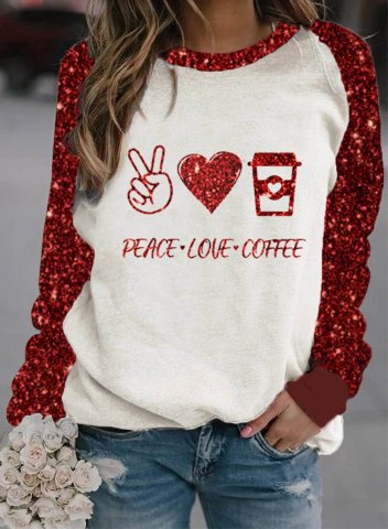 Women's T-shirts Color Block Letter Print Sequin Long Sleeve Round Neck Daily T-shirt