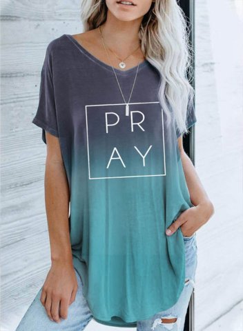 Women's T-shirts Color Block Letter V Neck Short Sleeve Casual Daily T-shirts