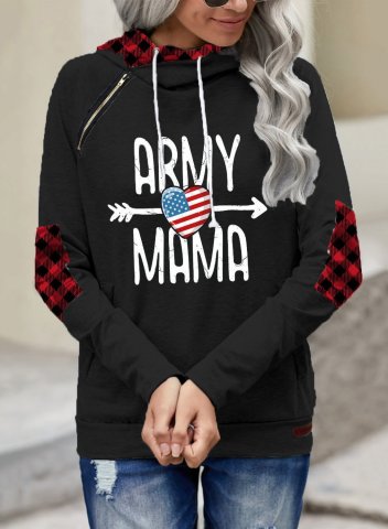 Women's Army Mama American Flag Hoodies Letter Plaid Long Sleeve Casual Zip Pocket Hoodie