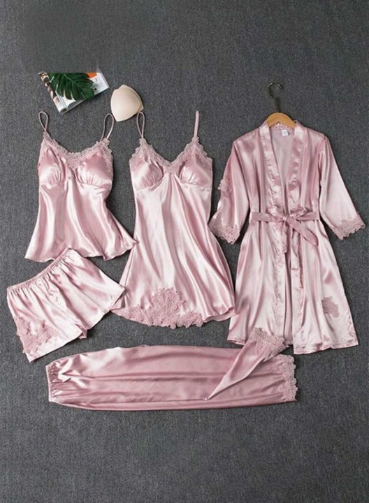 Women's Loungewear Sets Solid Floral Lace 4-Piece Loungewear Set