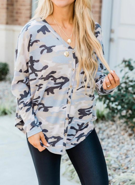 Camo Long Sleeve V Neck Button Sweatshirt