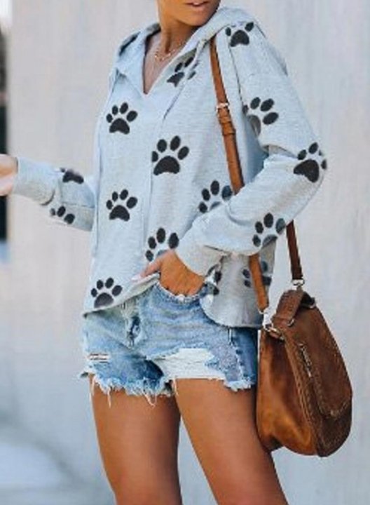 Long Sleeve Daily Cute Cat Paw Print Hooded Sweatshirt