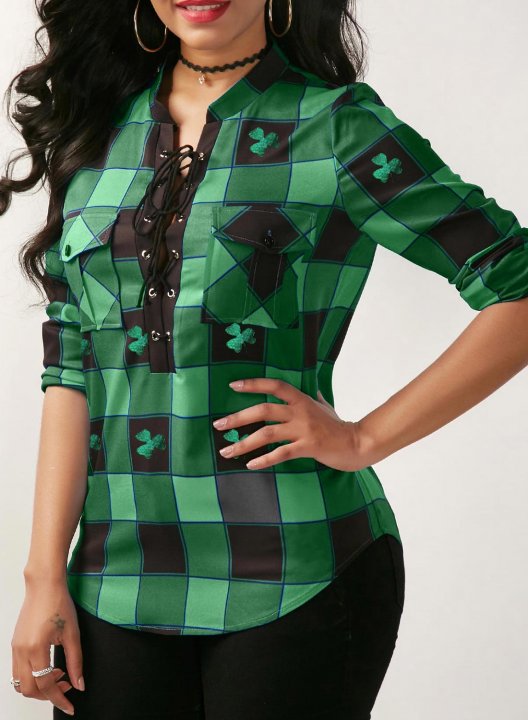 Women's Blouses Plaid Color Block St Patrick's Day Shamrock Long Sleeve V Neck Knot Daily Blouse