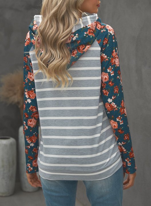 Floral-Print Paneled Striped Pocket Hoodie