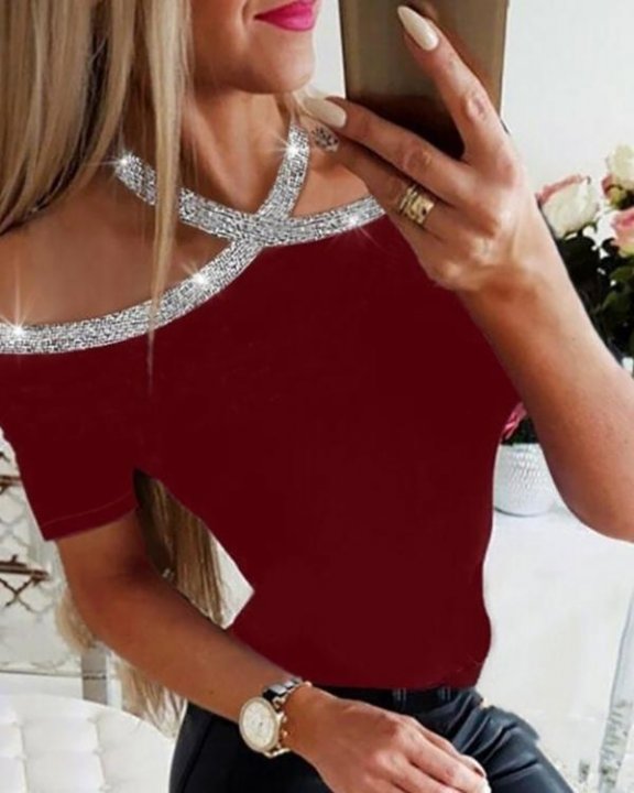 Rhinestone Details Halterneck Short Sleeve Blouse