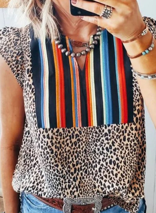 Women's Shirts Leopard Striped V Neck Sleeveless Summer Daily Casual Shirts