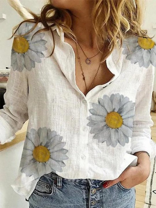 Long Sleeve Cotton V Neck Printed Shirts & Tops