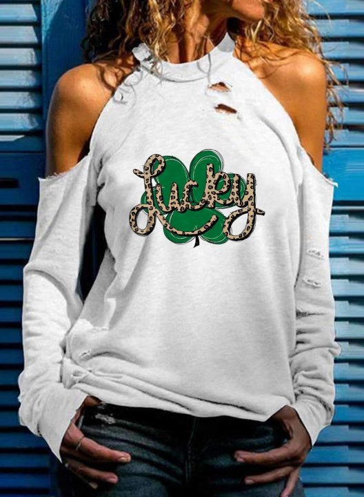 Women's St Patricks Sweatshirt Leopard Shamrock Letter Print Long Sleeve Round Neck Cold Shoulder Pullover