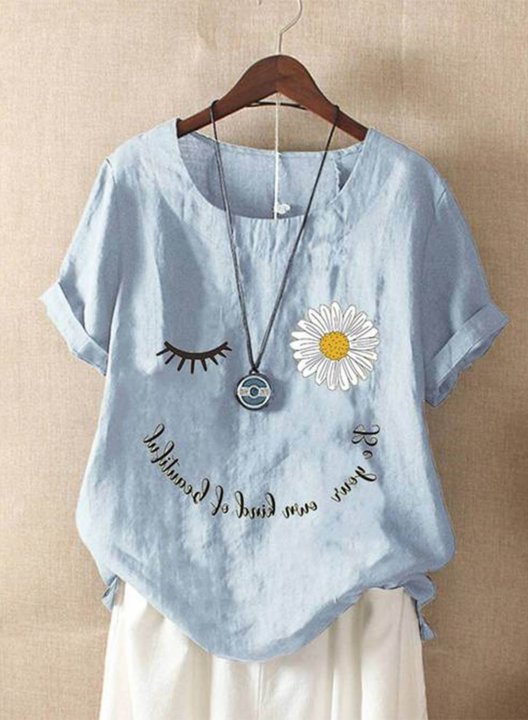 Women's T-shirts Casual Solid Floral Letter Round Neck Short Sleeve Daily Casual T-shirts