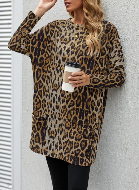 Leopard Round Neck Long Sleeve Tunic Sweatshirt