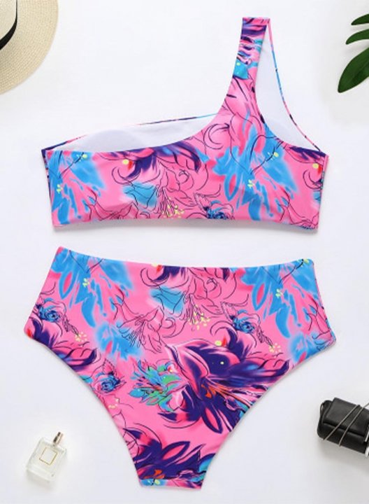 Women's Tankinis Floral High Waist One shoulder Padded Vacation Tankini Set