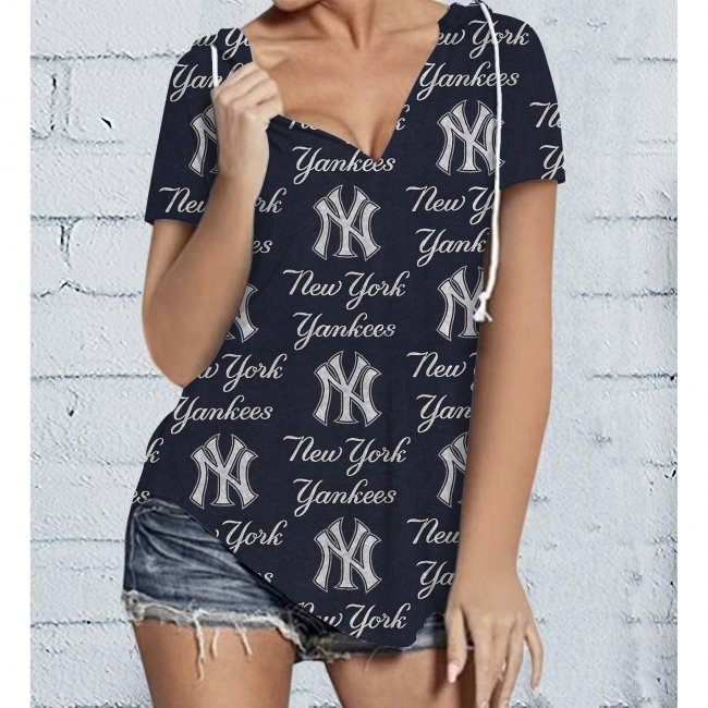 New York Yankees Team Women's V-neck Short Sleeve Hoodie