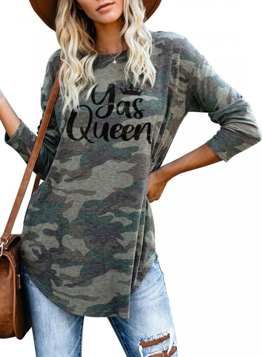 Camouflage Long Sleeve Lip Print Crew Neck Tunic Sweatshirt