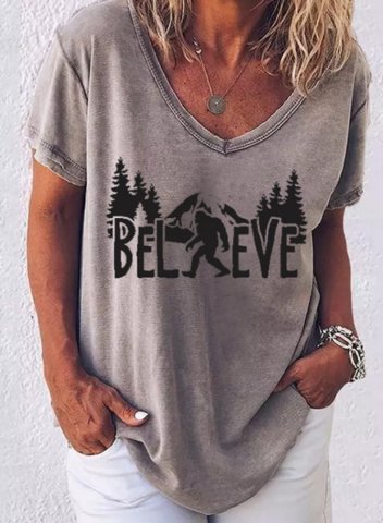 Women's T-shirts Believe Bigfoot Print Short Sleeve V Neck Daily T-shirt