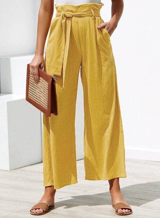 Women's Palazzo Pants Straight Solid High Waist Daily Ankle-length Vintage Pocket Waist Tie Pants