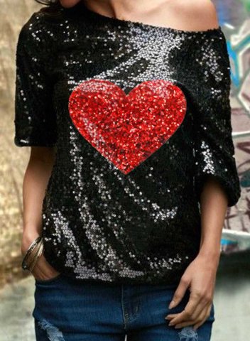 Women's Red Heart Print Sequin T-shirts Short Sleeve Cold-shoulder Daily Party Festival T-shirt