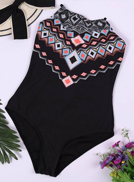 Women's One Piece Swimwear Tribal Halter Open Back Vacation Casual One-Piece Swimsuits One-Piece Bathing Suits