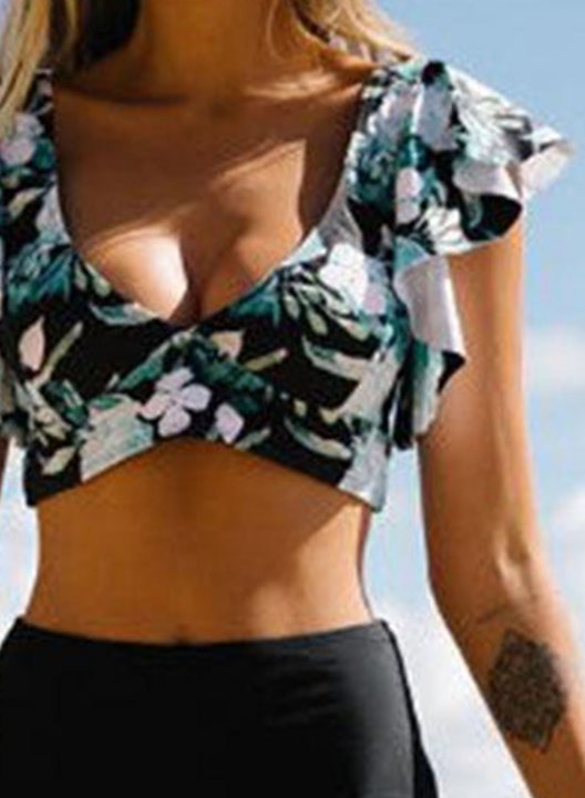 Women's Bikinis Tropical High Waist V Neck Padded Ruffle Beach Cute Bikini Bathing Suits